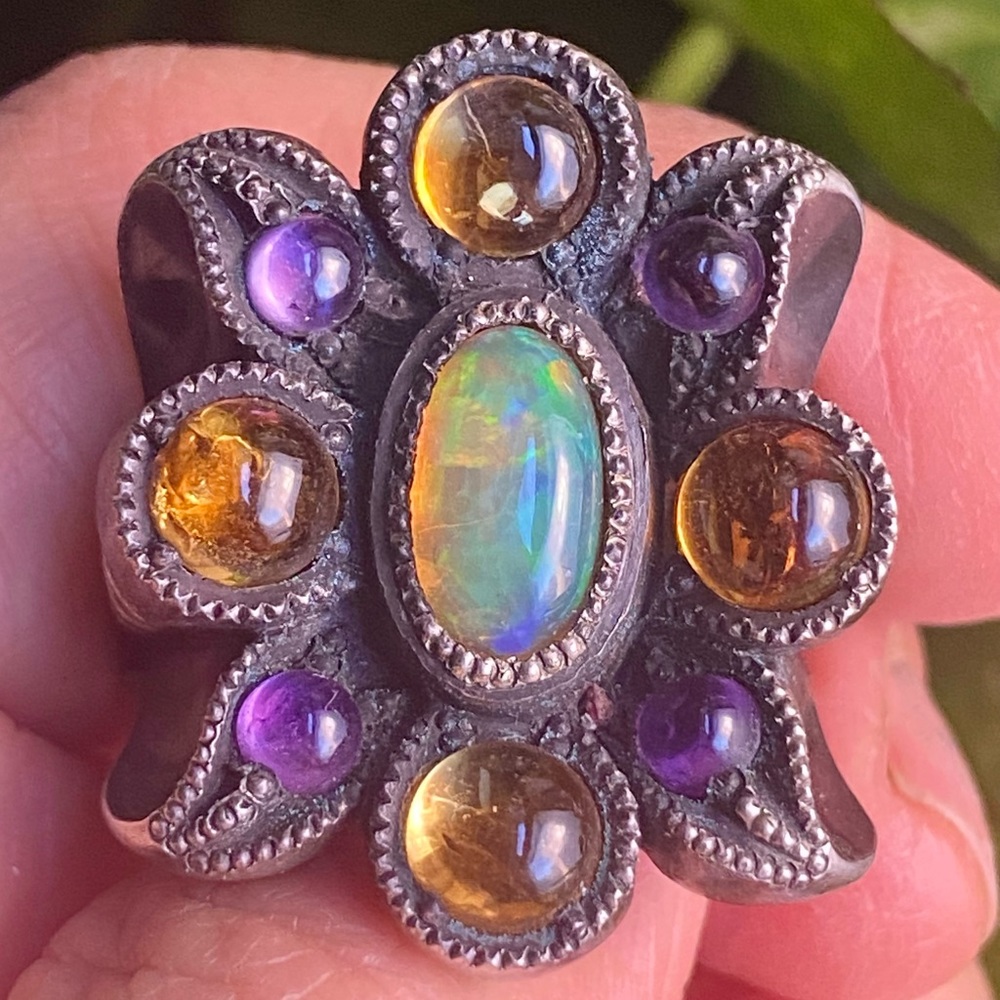 Handcrafted Designer Sterling Silver Opal Amethyst Citrine Ring size 9